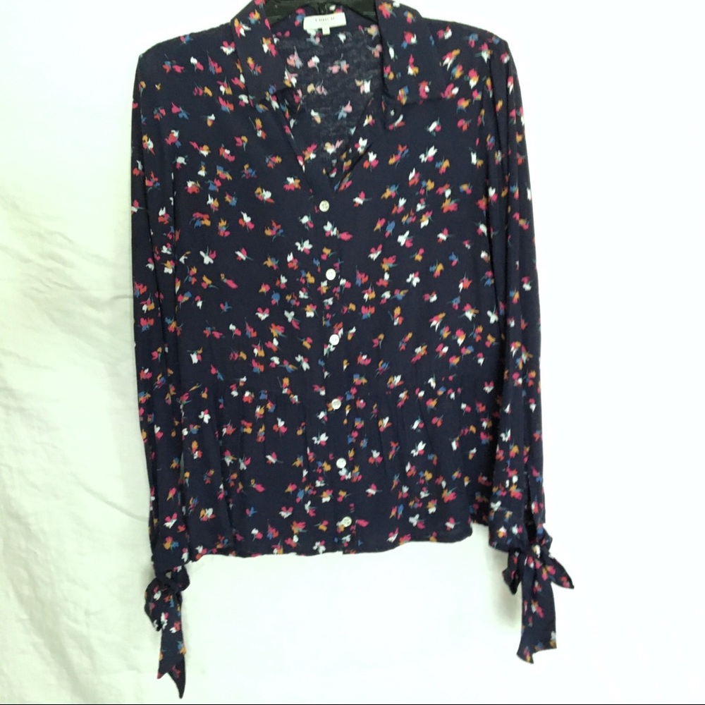 French navy floral ruffled top with tie sleeves